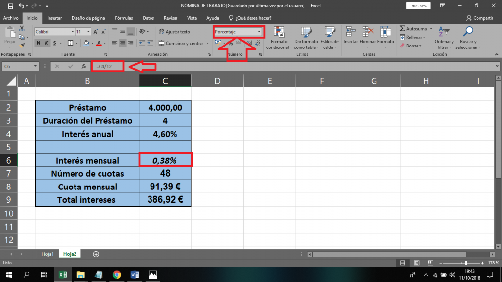 calcular el interés mensual en una fórmula Excel