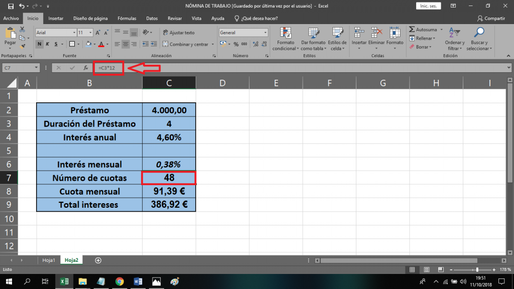 Calcular el número de cuotas en Excel