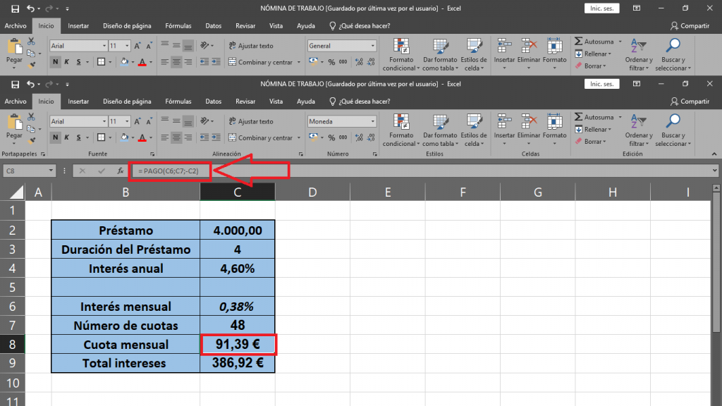 Calcular cuotas mensuales en Excel