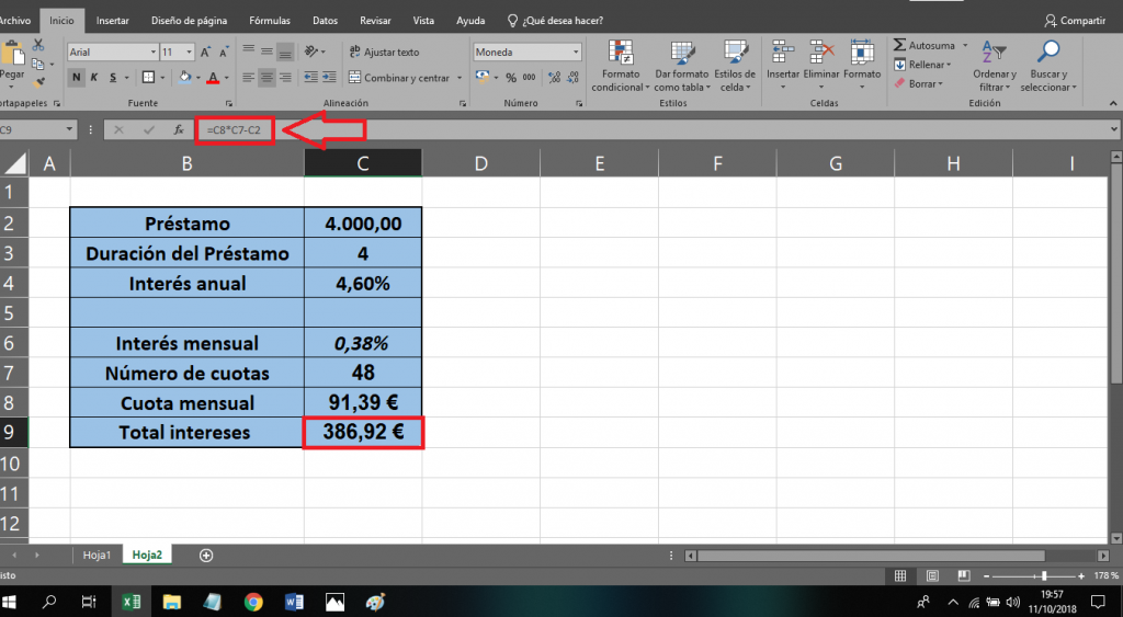 Cálculo del total de intereses de un préstamo en Excel