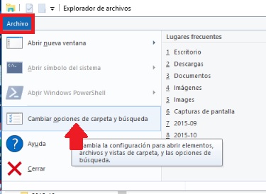 Opción de Cambiar opciones de carpeta y búsqueda de Windows