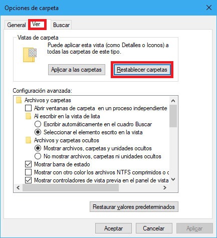 Pestaña de Ver en cómo restablecer la vista de las carpetas en Windows 10