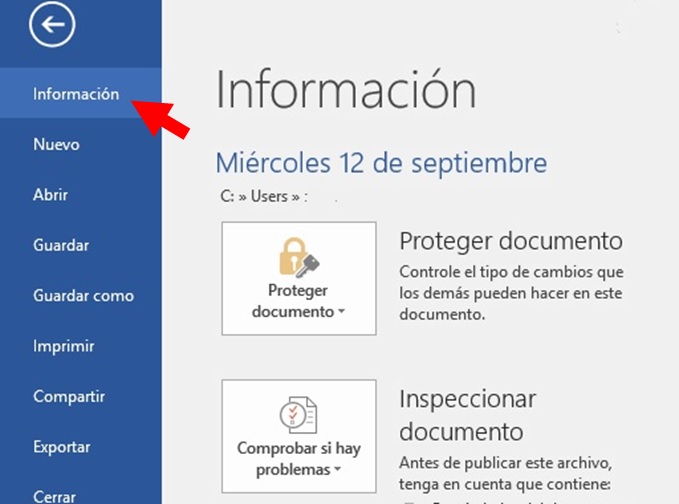 Opción de información en Microsoft Word