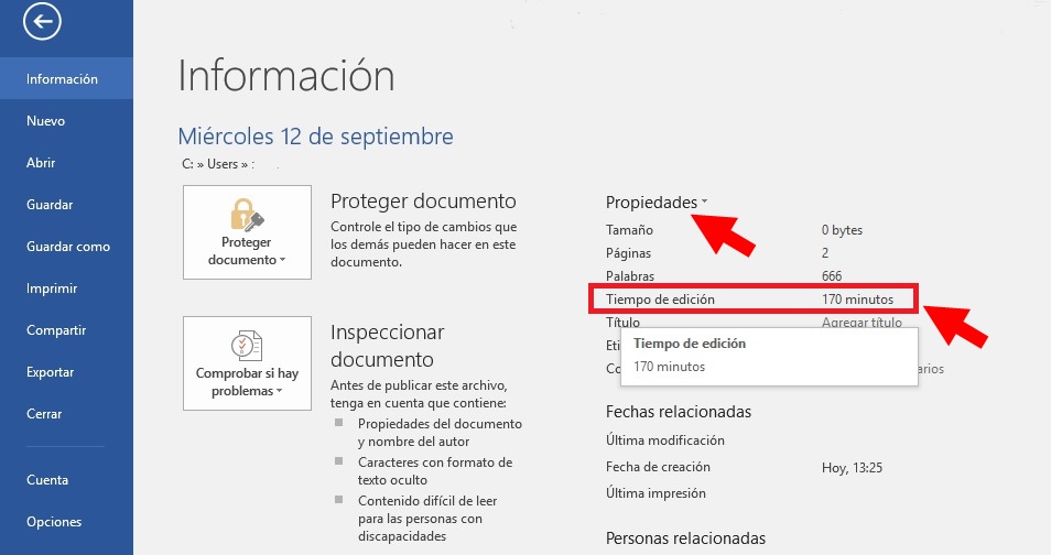 Conocer el tiempo de edición en Documento Word