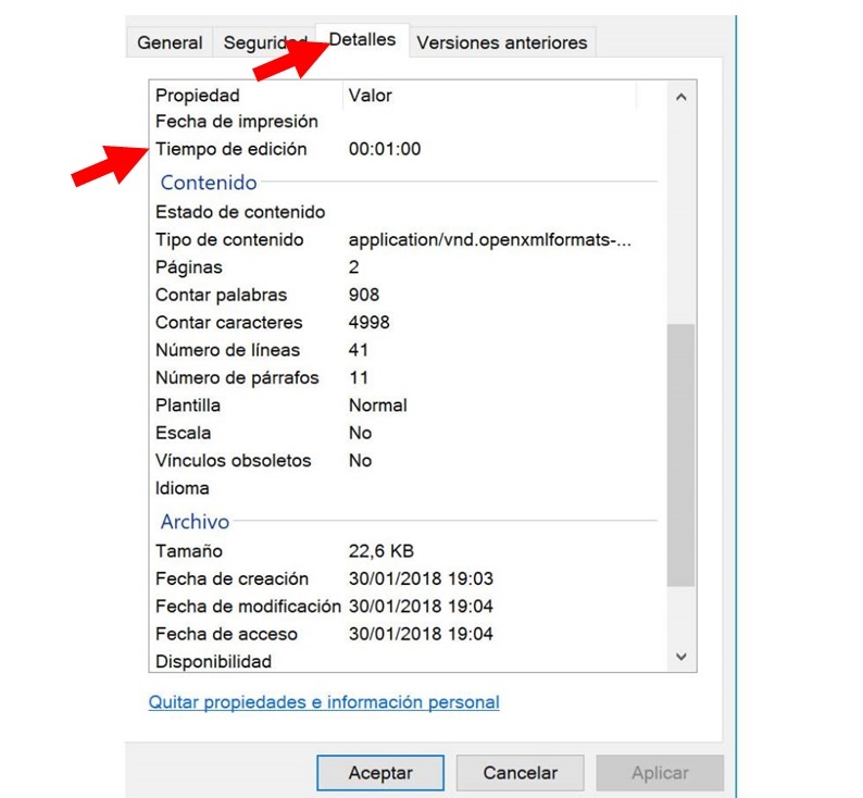 Pestaña Detalles y Propiedades de tiempo de edición de Microsoft Word