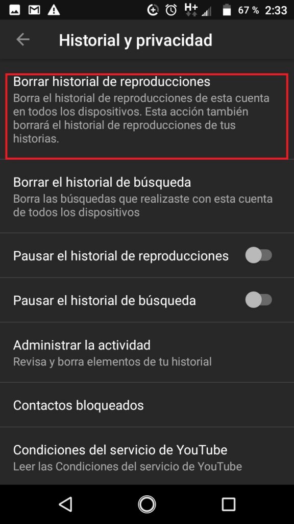 Borrar todo el historial de reproducciones en YouTube para Android
