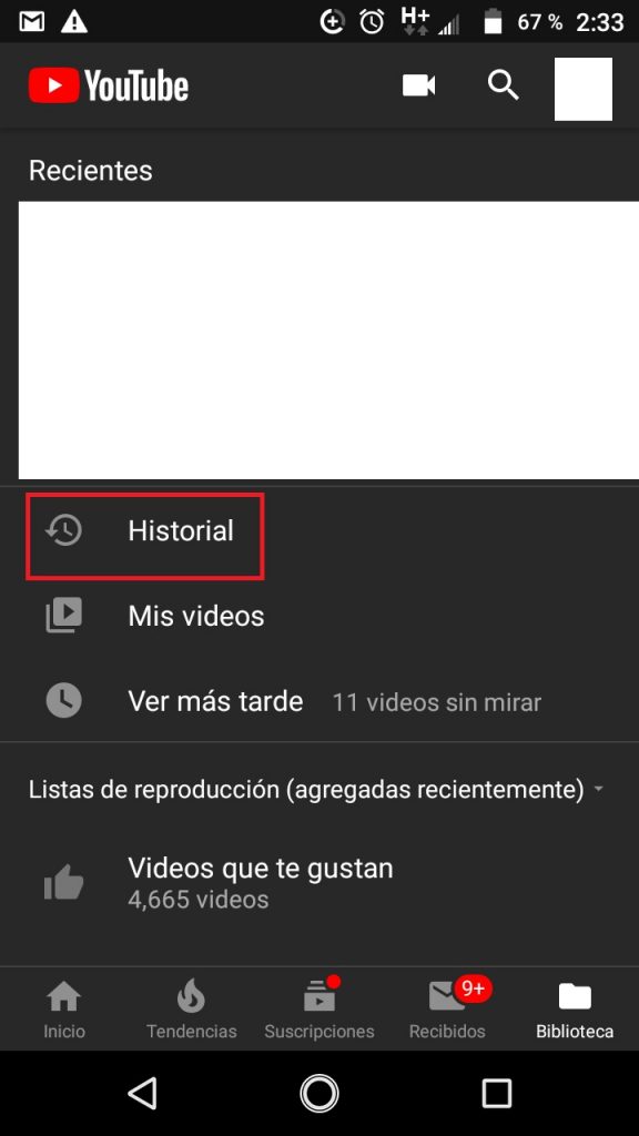 Configurar historial de reproducciones en YouTube de Android