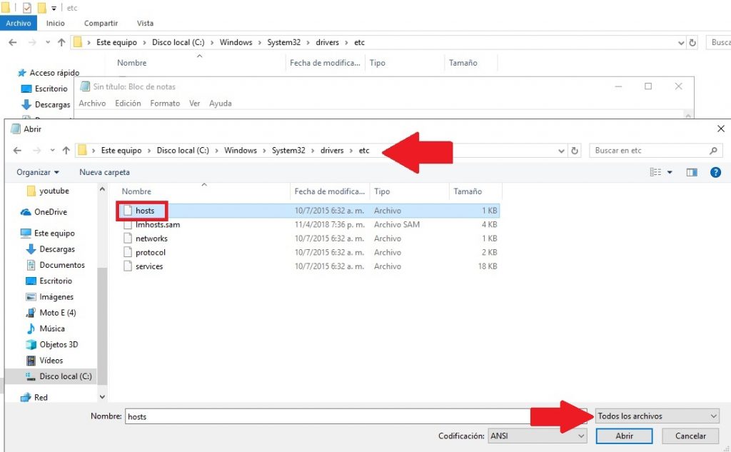 Abrir ruta del hosts en Windows 10 desde el bloc de notas