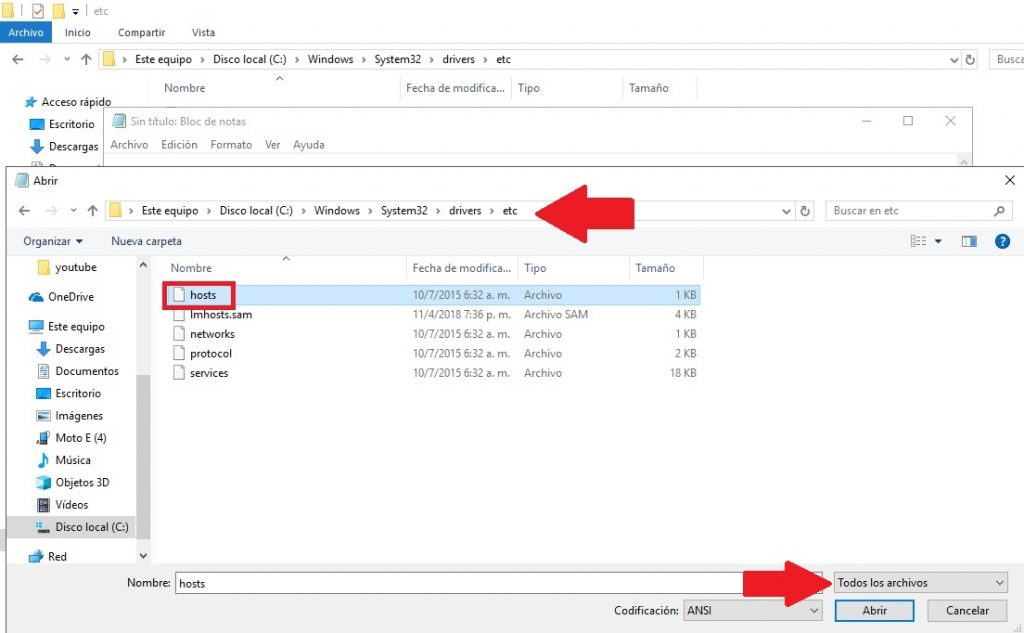Abrir ruta del hosts en Windows 10 desde el bloc de notas