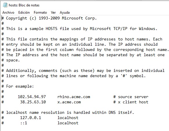Archivos contenidos en el archivo hosts de Windows 10