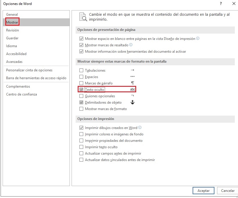 Opciones de configuración de documento Word