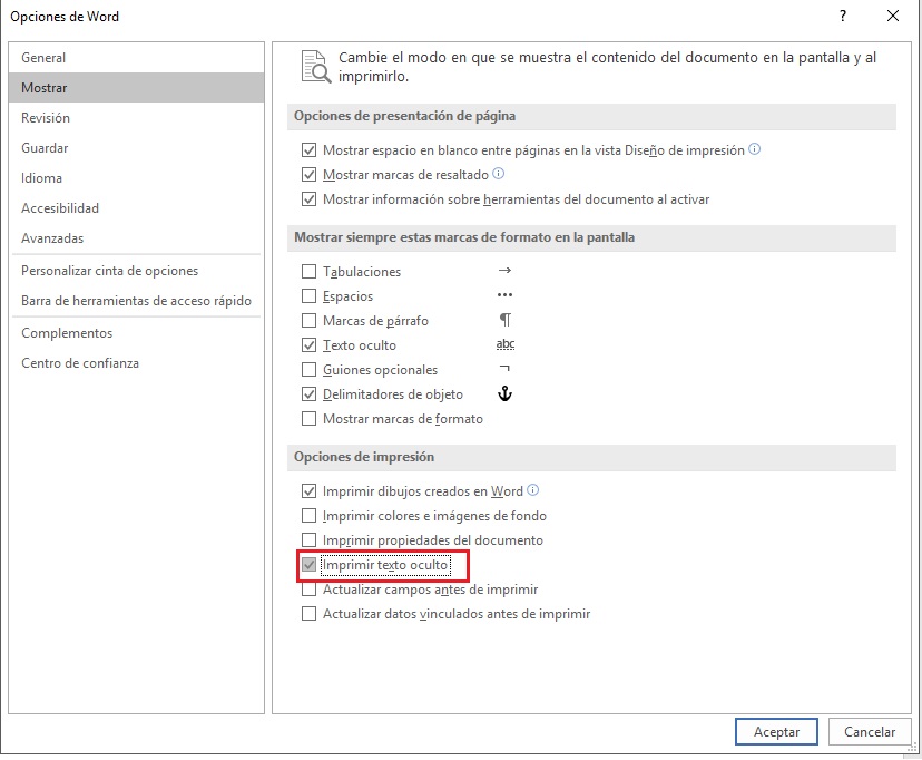 Imprimir texto oculto en documento de Word