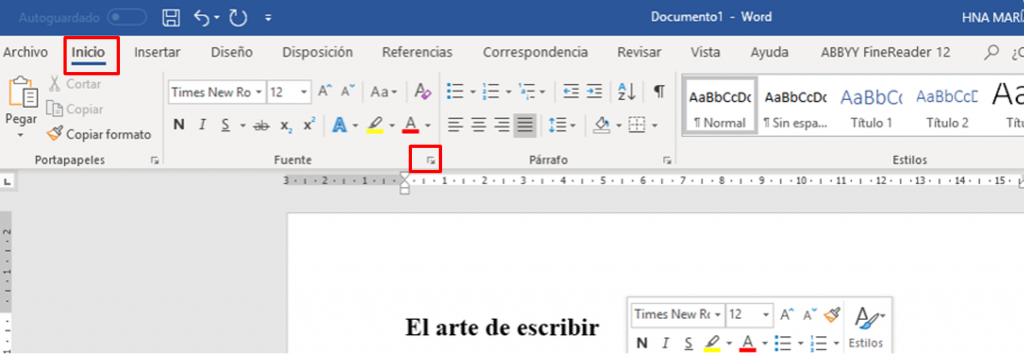 Configurar la fuente del texto en Microsoft Word desde pestaña Inicio