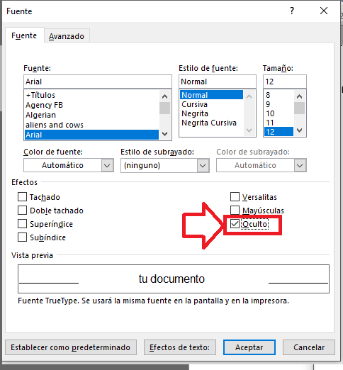 Establecer texto oculto en configuración de fuente en Word