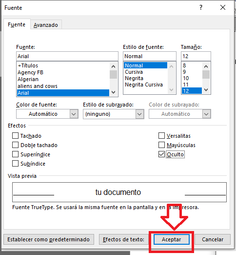 Botón Aceptar en cómo ocultar texto en un documento de Word