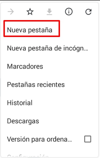 Toca la opción nueva pestaña del menú de google chrome para android