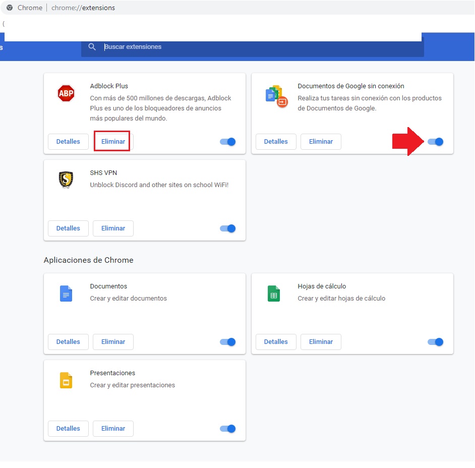 Eliminar extensiones en Google Chrome