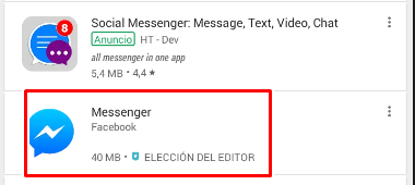 Selecciona Messenger en los resultados de búsqueda de Google Play