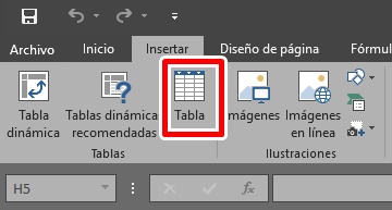 En insertar, haz clic en tabla en excel