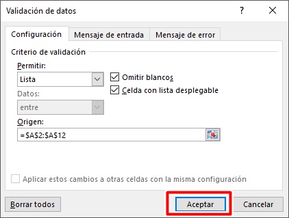 Haz clic en aceptar para crear la lista desplegable en Excel