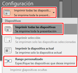 Selecciona imprimir todas las diapositivas en Power Point