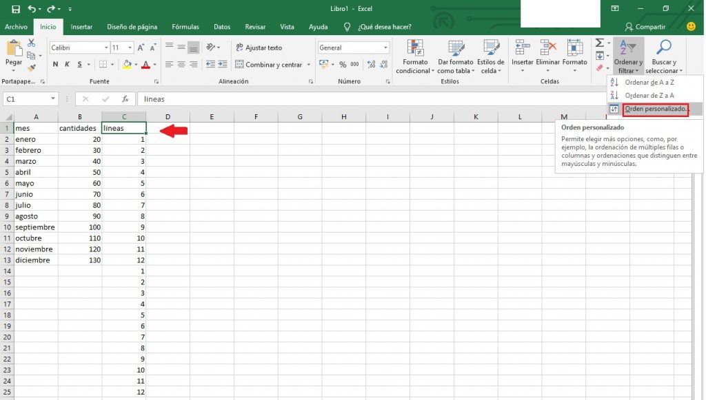 Ordenar el contenido de la columna en Excel 