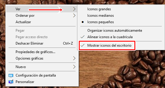 Haz clic derecho, desliza el cursor sobre ver y selecciona Mostrar iconos del escritorio