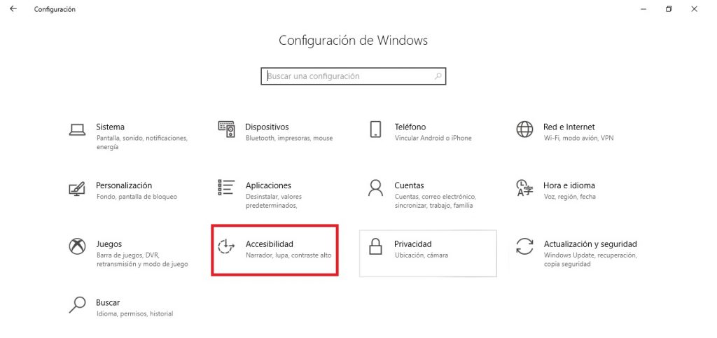 Configuración de accesibilidad en Windows 10