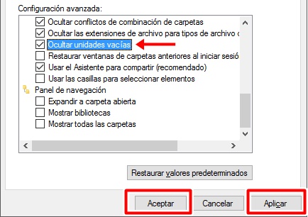 Marca ocultar unidades vacías en opciones avanzadas