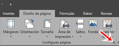 Clic en la flecha para desplegar el cuadro de dialogo configurar página de excel