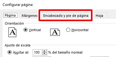 Clic en pestaña encabezado y pie de página en Excel