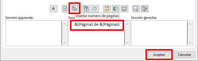 escribe la palabra de y clic en insertar numero de páginas en excel