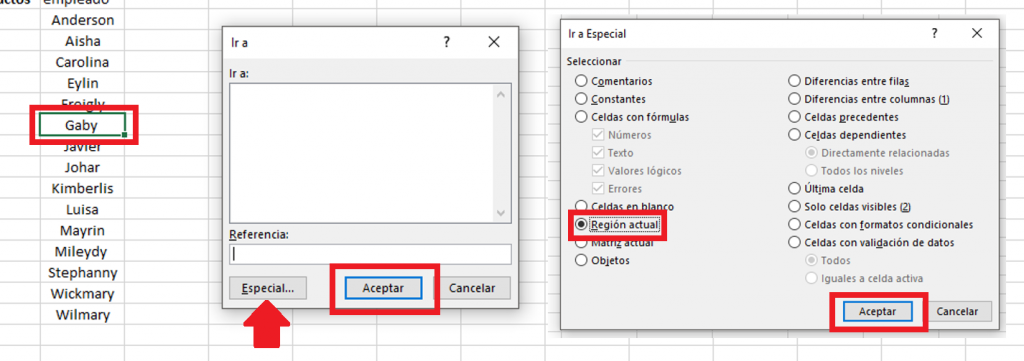 Seleccionar todas las celdas con la opción Región Actual en Excel