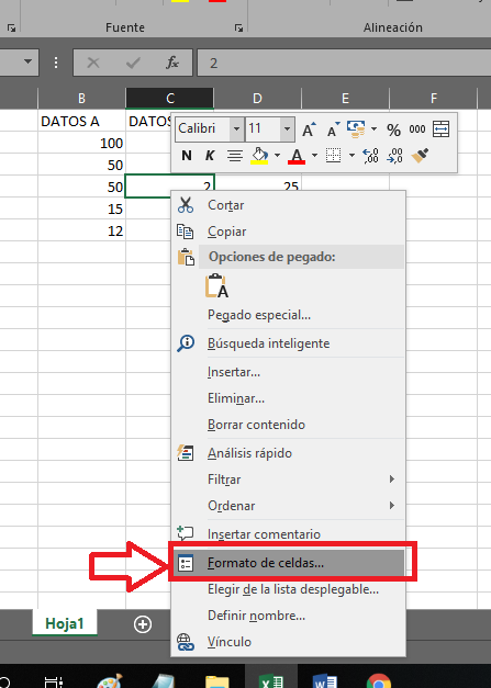Menú de Formato de celdas en Excel
