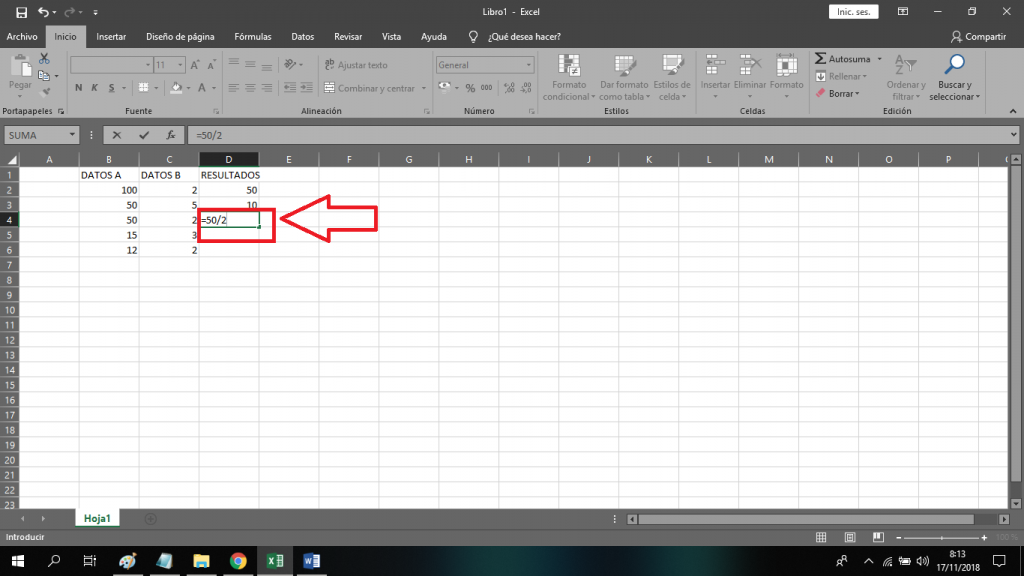 Operación de dividir constantes en Excel