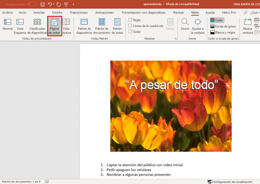 Visualizar página de notas en PowerPoint