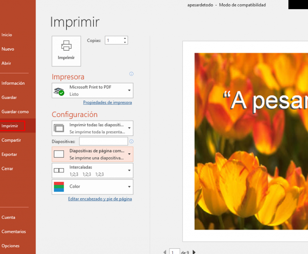 Establecer configuraciones para imprimir las notas en PowerPoint