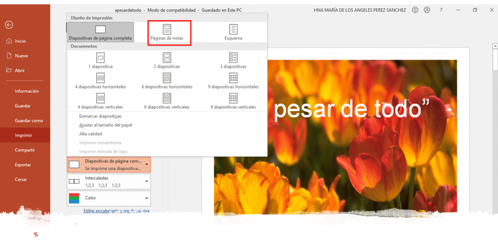 Configurar diseño de impresión de notas en PowerPoint