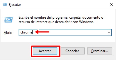 Escribe Chrome y haz clic en aceptar para abrir el programa