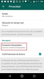 opción Contactos bloqueados en WhatsApp