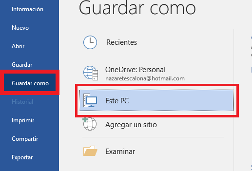 Opcion guardar como en Microsoft Word 2016