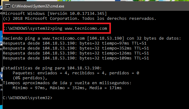 Ventana de Símbolo de Sistema con dirección URL de Windows 10