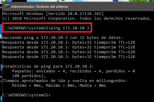 Ventana de Símbolo de Sistema con IP de Windows 10