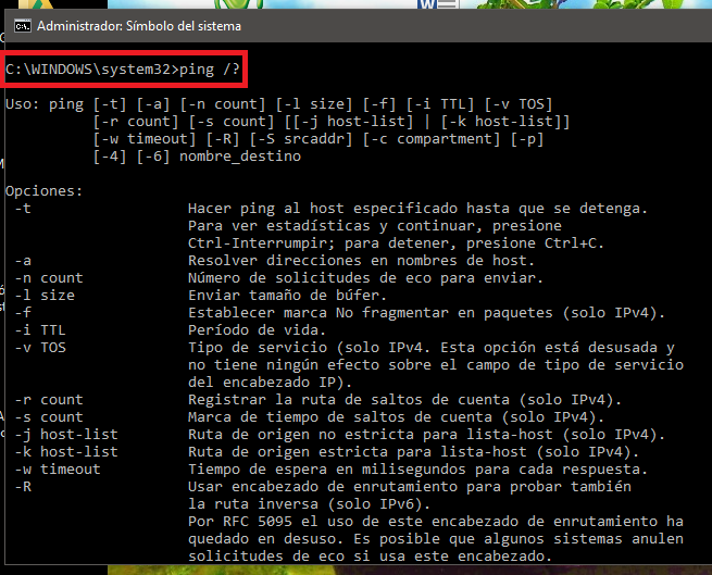 Ventana de Símbolo de Sistema con abreviaciones de Windows 10