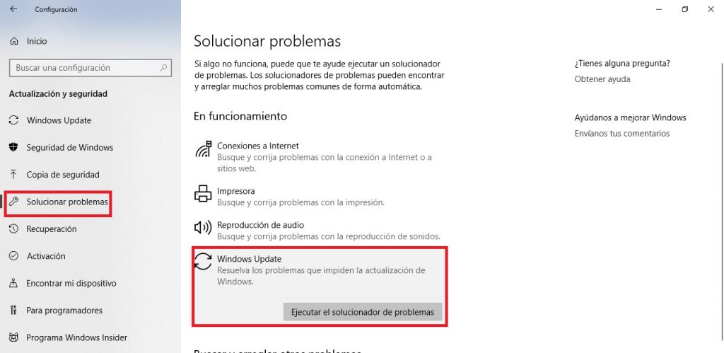 Ejecutar solucionador de problemas en Windows Update