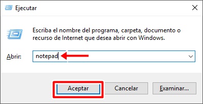 Escribe notepad y haz clic en aceptar para abrir el programa