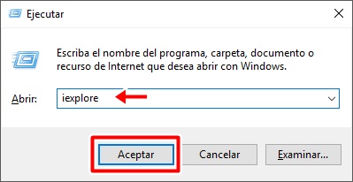 Escribe iexplore y haz clic en aceptar para abrir el programa
