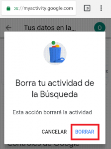 Botón de Borrar el historial de Google en el Móvil