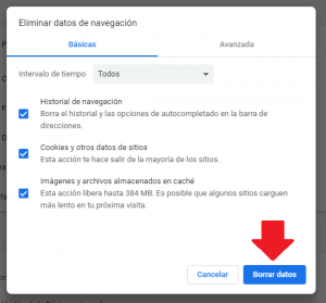 Botón de borrar datos de Navegación en Google