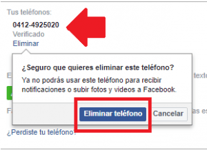 botón de eliminar teléfono en Facebook